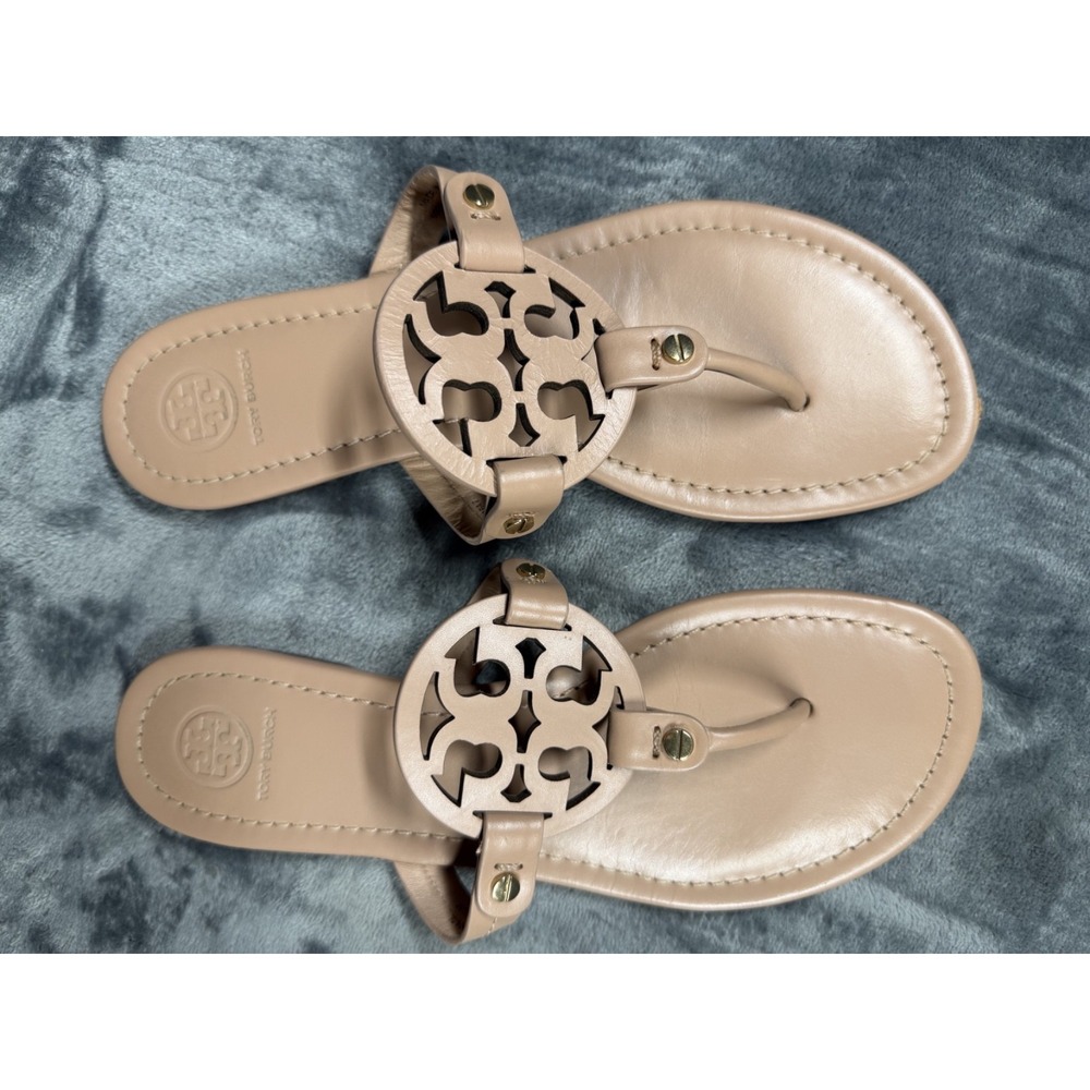 Tory Burch Miller Sandals Women 8.5M Blush Nude Leather Logo Thong Flats - Picture 10 of 10